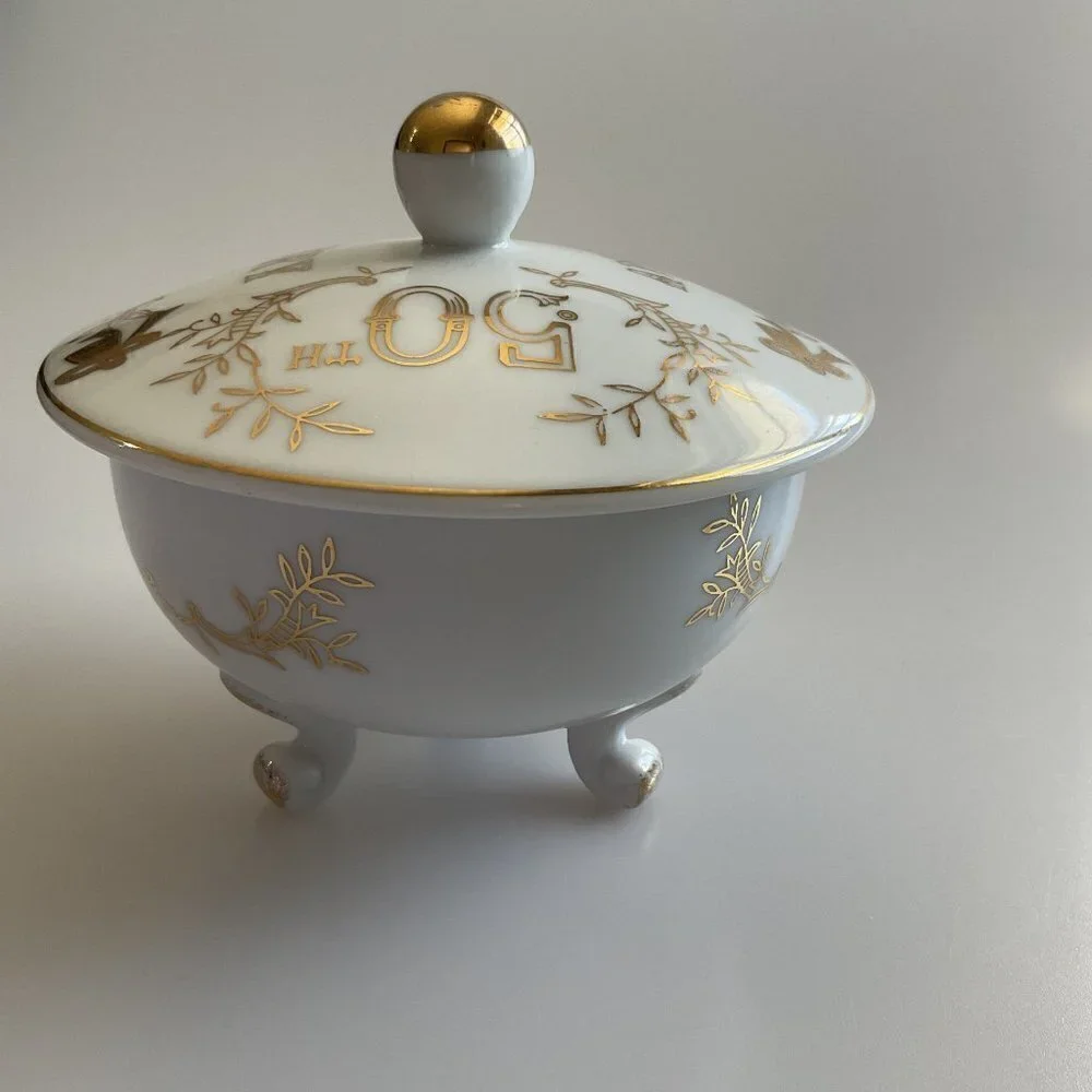 VINTAGE LEFTON CHINA 50TH ANNIVERSARY FOOTED CANDY TRINKET DISH GOLD LEAF